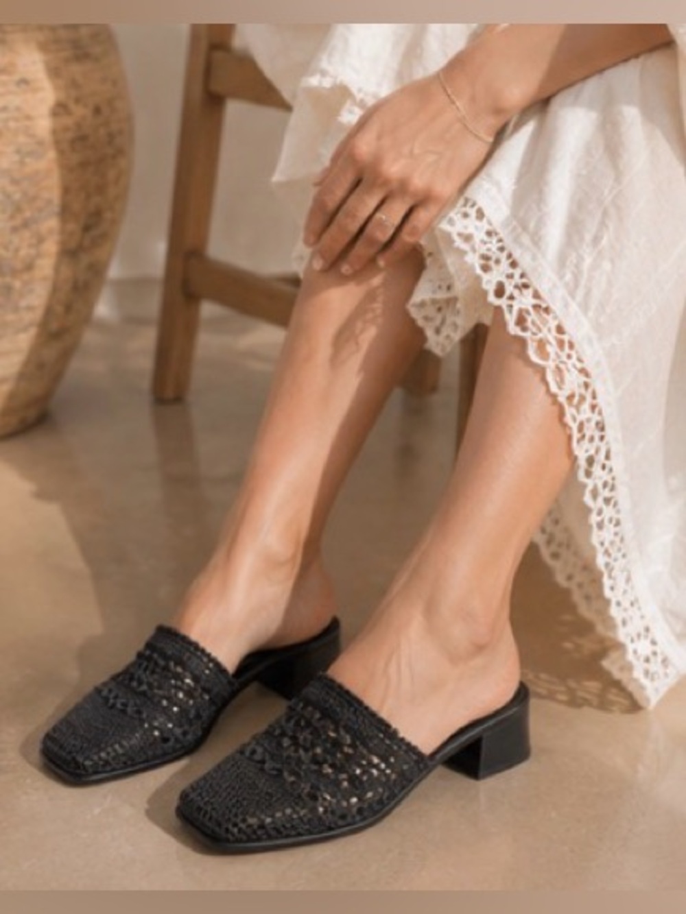 Bandolino Artisan Woven Crochet Chic Mule Block Heel Boho Square Toe 7